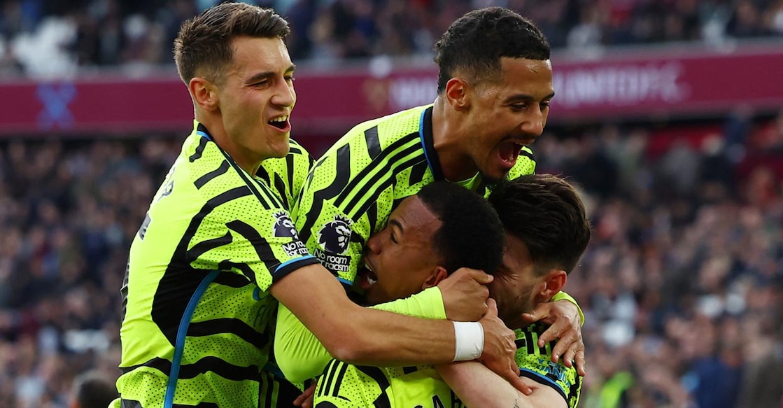 Arsenal's Gabriel, second right, celebrates with teamamtes after scoring their third goal. Photo: Action Images/Paul Childs via Reuters