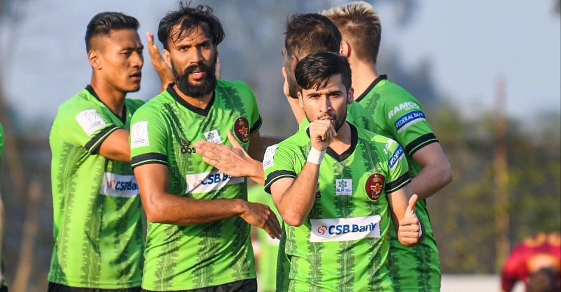 Gokulam Kerala players celebrate a goal. Photo: X@GokulamKerala