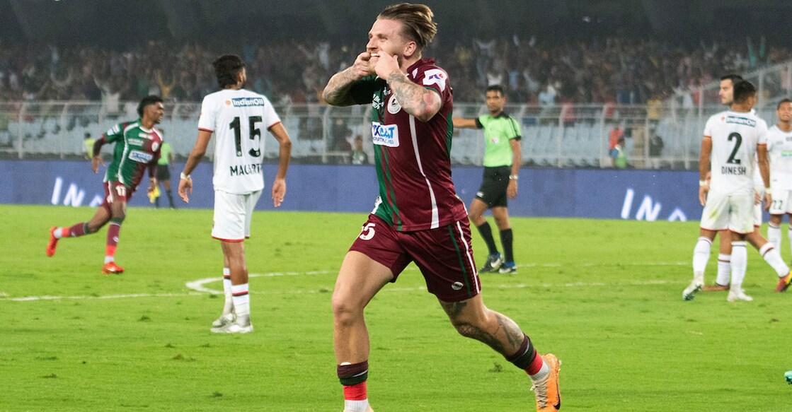 Jason Cummings celebrates his goal for Mohun Bagan Super Giant against NorthEast United FC. Photo: ISL