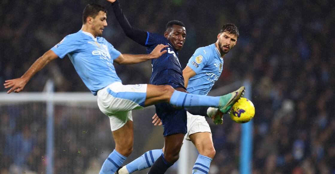 Manchester City's Rodri and Ruben Dias in action with Chelsea's Nicolas Jackson. Photo: Reuters