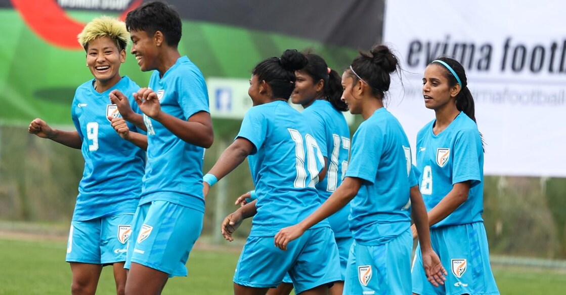 Indian players celebrate a goal against Estonia. Photo: X@IndianFootball