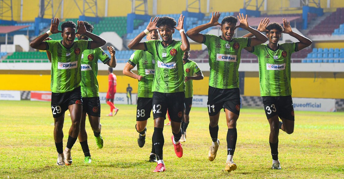Gokulam Kerala players celerbate a goal against Churchill Brothers in the I-League on Saturday. Photo: Special arrangement