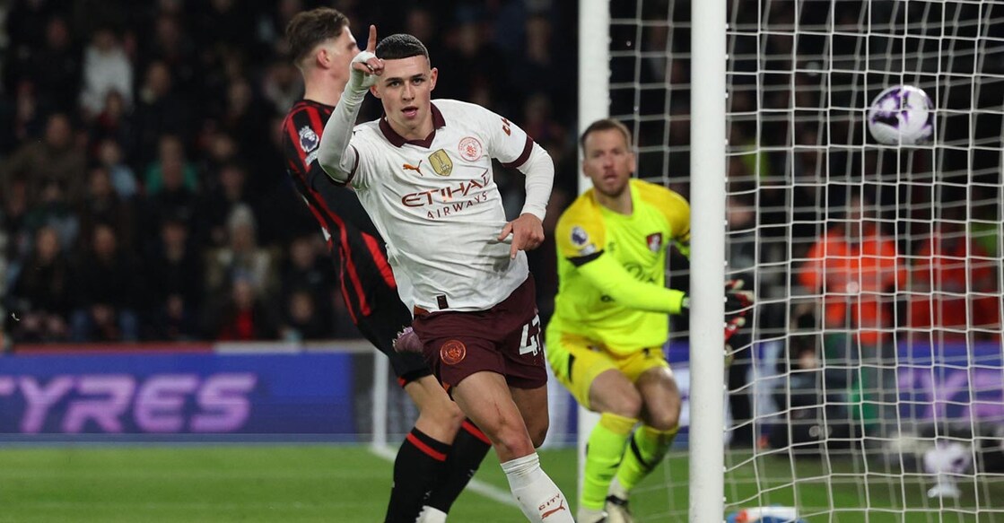 Manchester City's Phil Foden celebrates after scoring against Bournemouth. Photo: AFP/Adrian Dennis