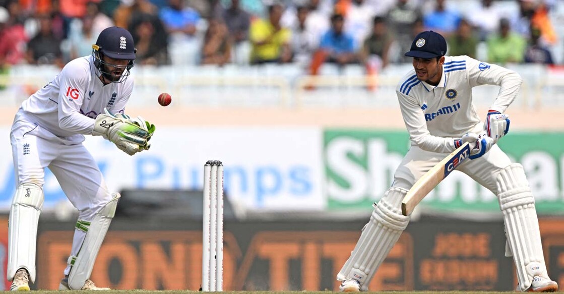 India's Shubman Gill (R) plays a shot during the fourth day of the fourth Test cricket match between India and England at the Jharkhand State Cricket Association (JSCA) Stadium in Ranchi on February 26, 2024. (Photo by TAUSEEF MUSTAFA / AFP) / -- IMAGE RESTRICTED TO EDITORIAL USE - STRICTLY NO COMMERCIAL USE -- - -- IMAGE RESTRICTED TO EDITORIAL USE - STRICTLY NO COMMERCIAL USE --