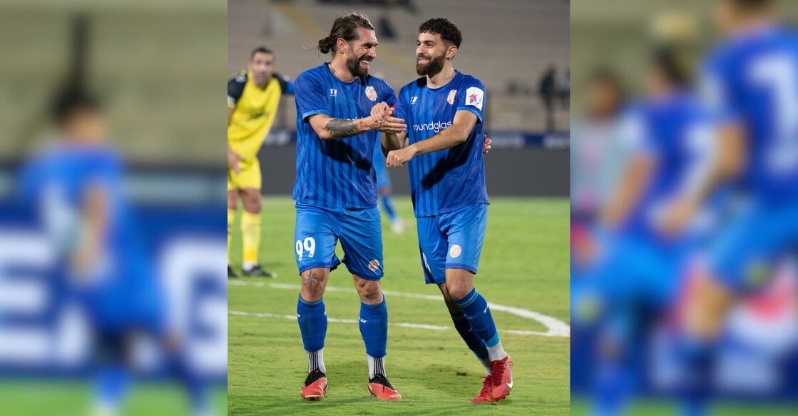 Luka Majcen celebrates as PFC's Madih Talal scores a goal against HFC at the ISL game on Tuesday. Photo: Special Arrangement