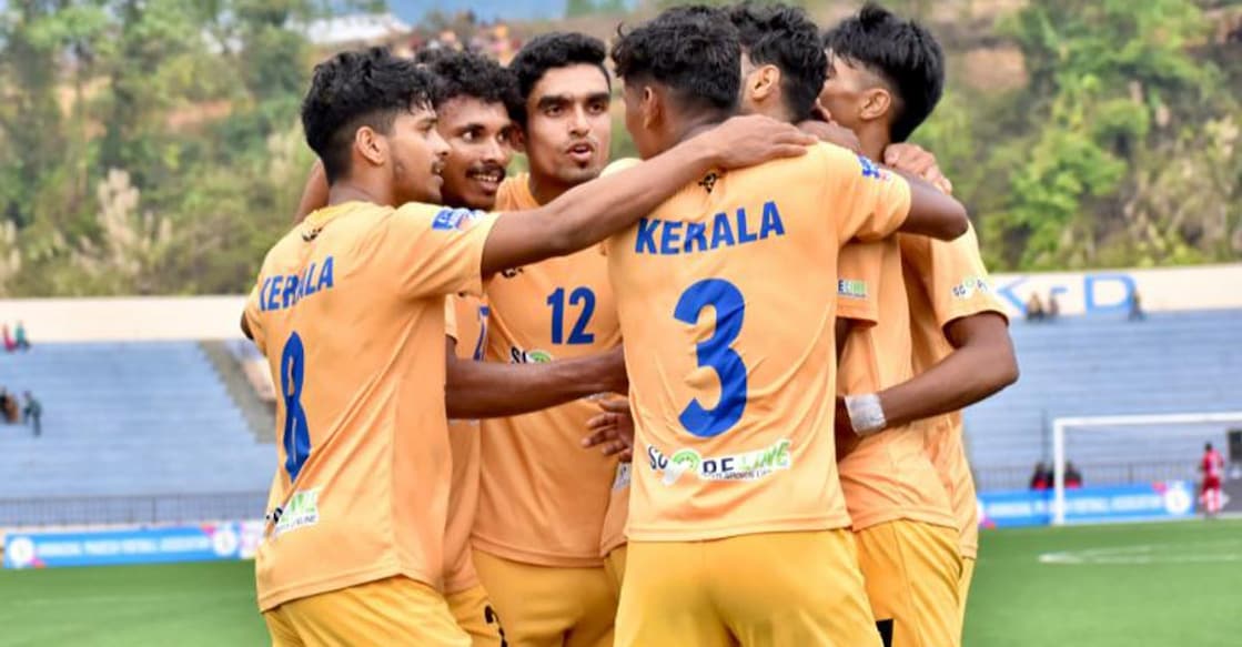 Kerala players celebrate a goal against Arunachal Pradesh. Photo: Special Arrangement
