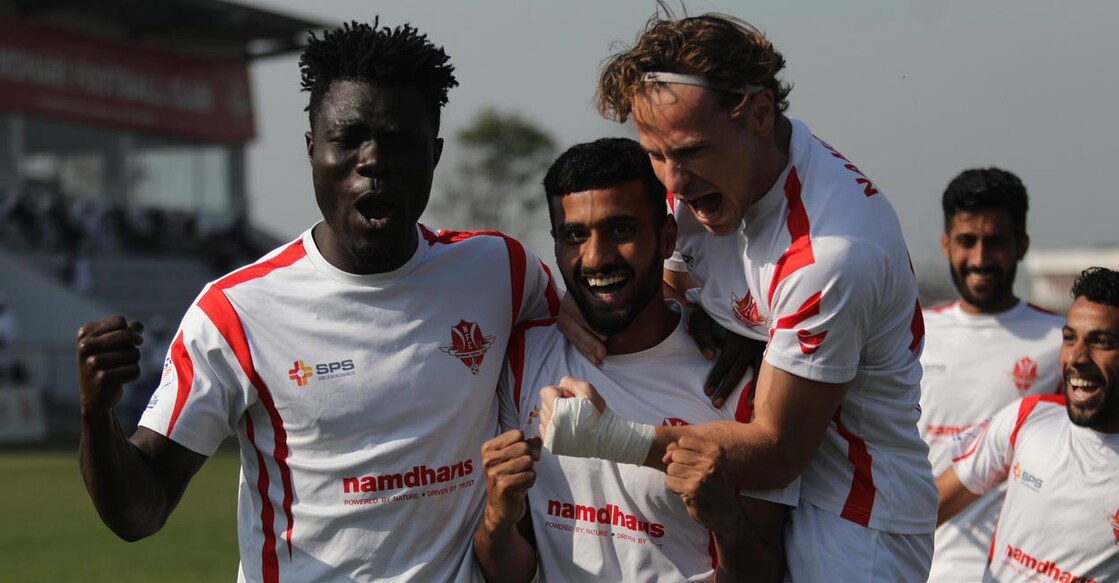Namdhari FC players celebrate their goal. Photo: X@ILeague_aiff