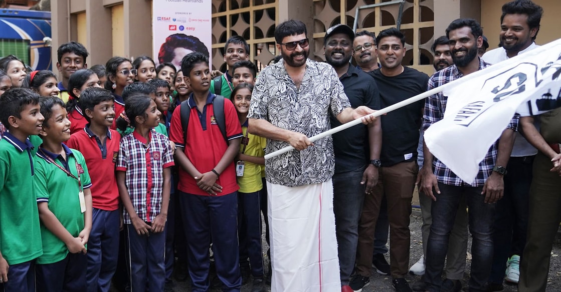 mammootty-soccer-safari-flag-off Mammootty flags off 'Soccer Safari' as N P Pradeep, Rino Anto and C K Vineeth pose alongside at a movie location in Kochi on Saturday. Photo: Special arrangement