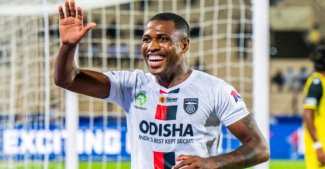 Diego Mauricio of Odisha FC celebrates scoring a goal against Hyderabad FC. Photo: ISL