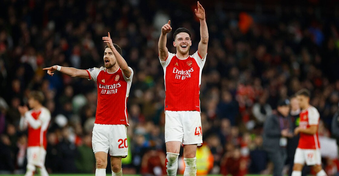 Arsenal's Leandro Trossard celebrates scoring their third goal. Photo: Reuters.