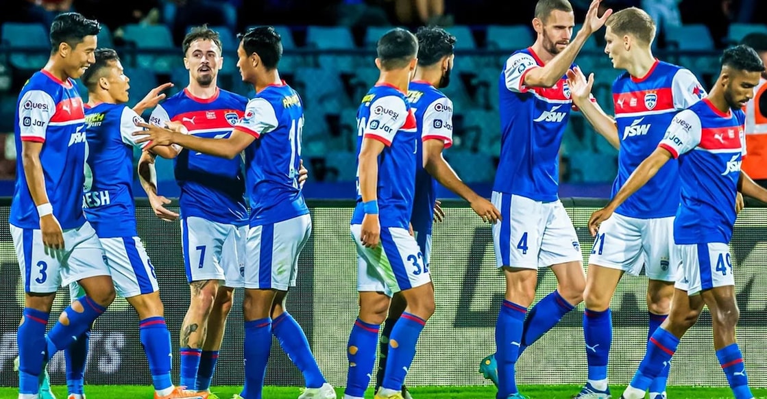 Bengaluru FC's Ryan Williams celebrates his goal with teammates. Photo: ISL