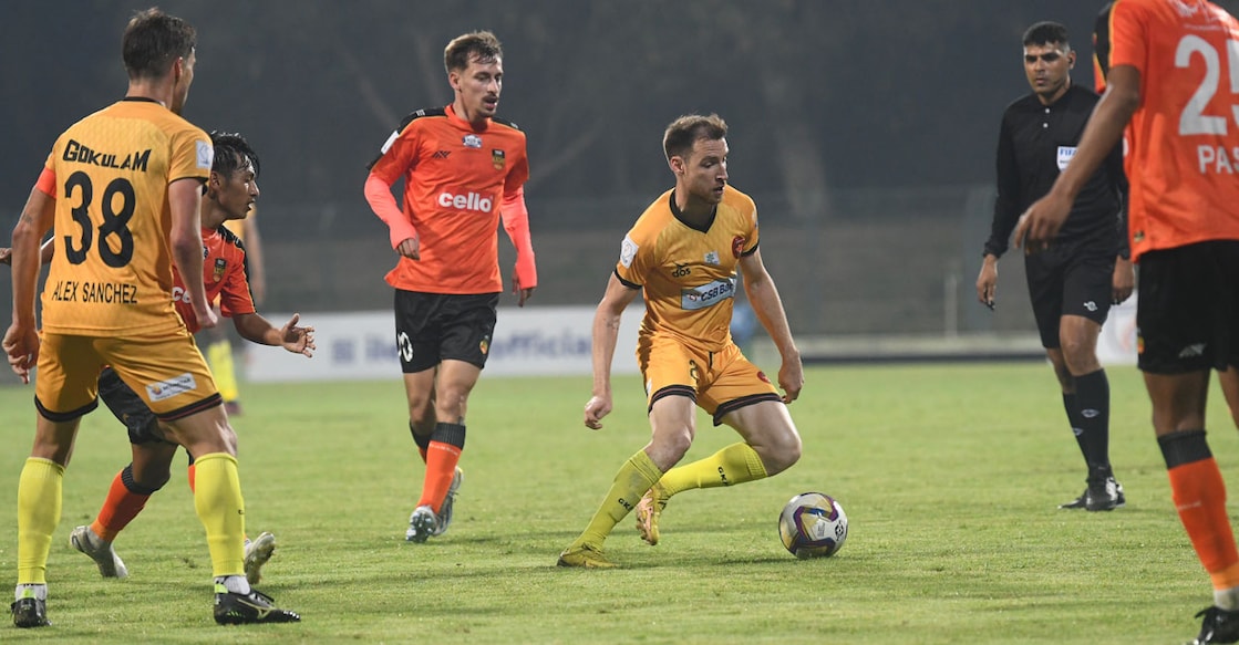 Gokulam Kerala (yellow) in action against Inter Kashi in the I-League at the Kalyani Stadium on Friday. Photo: Special arrangement