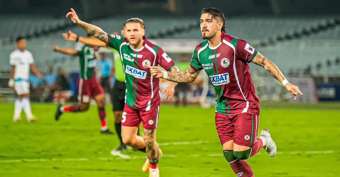 Mohun Bagan Super Giant players celebrate a goal against Jamshedpur FC. Photo: ISL