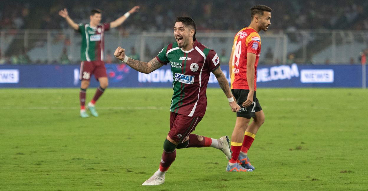 mohun-bagan Dimitri Petratos of MBSG celebrates after converting the penalty into a goal against EBFC. Photo: Special Arrangement