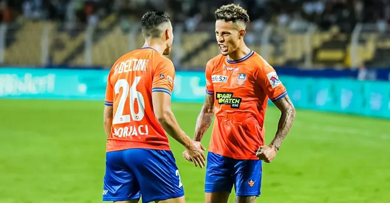 Players of FC Goa celebrate a goal against Bengaluru FC. Photo: ISL
