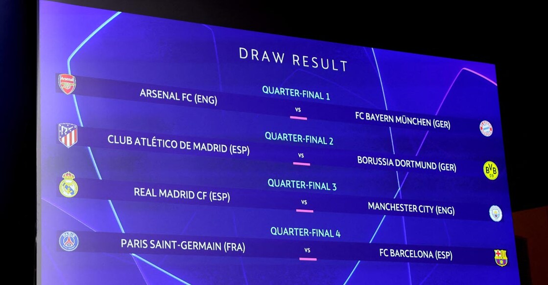General view of the Champions League quarterfinal draw on the big screen. Photo: Reuters/Denis Balibouse