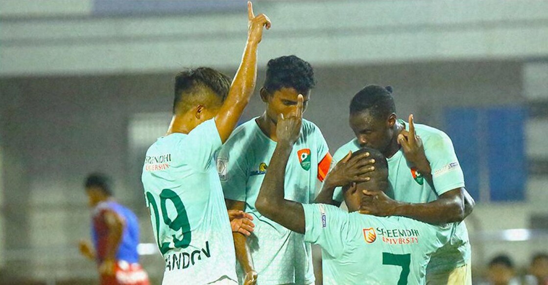 Sreenidi Deccan players celebrate a goal. Photo: X@sreenidideccan