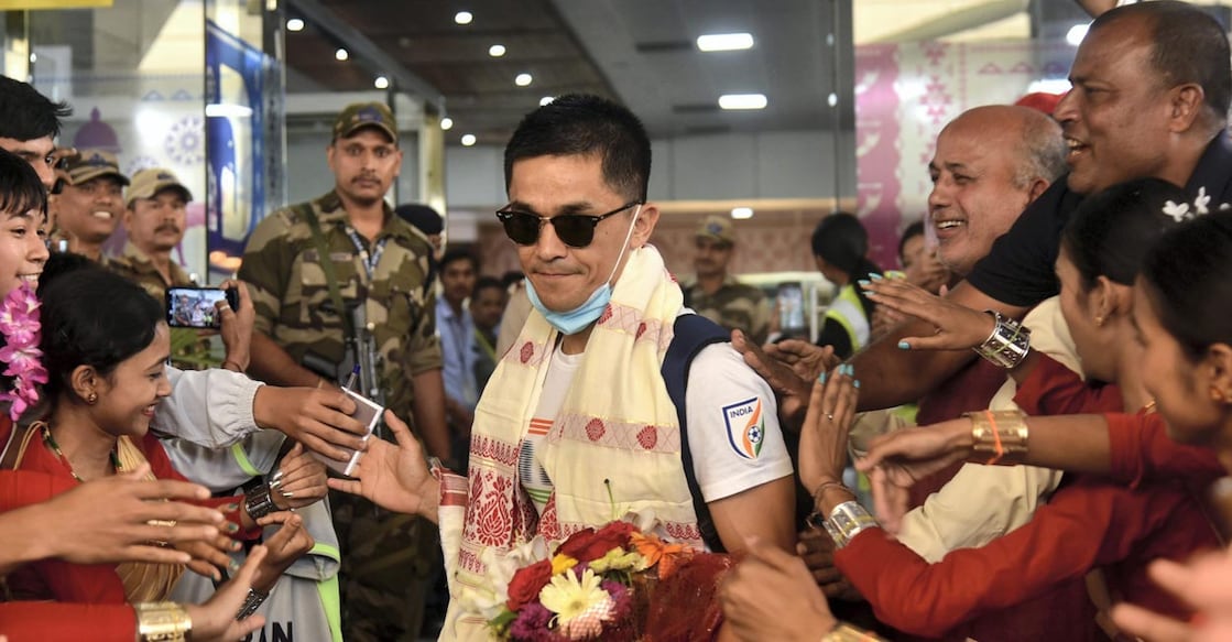 Indian football team captain Sunil Chhetri on  his arrival at the Guwahati International Airport.  Photo: PTI