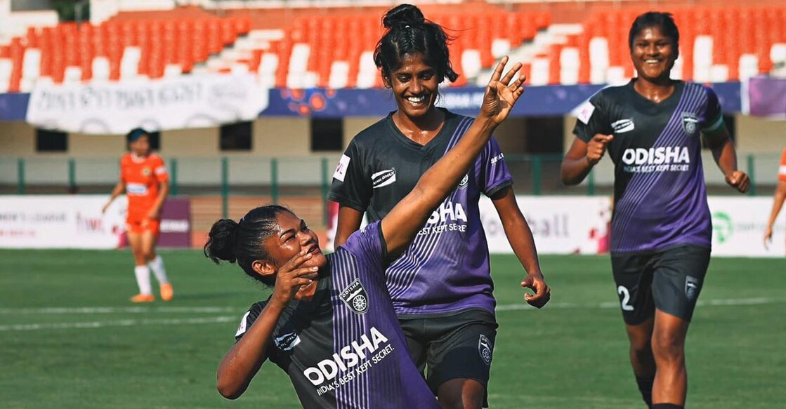 Odisha FC players celebrate a goal. Photo: X@ILeague_aiff