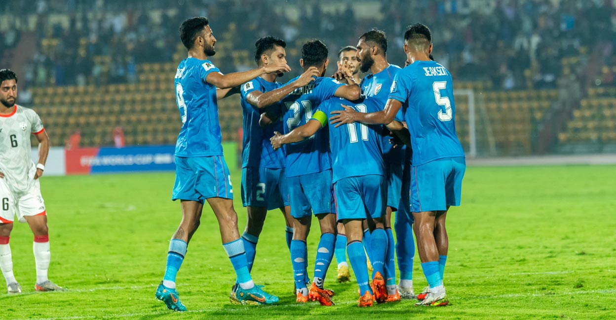 Blue Tigers Indian players congratulate Sunil Chhetri on scoring the opening goal. Photo: X@IndianFootball