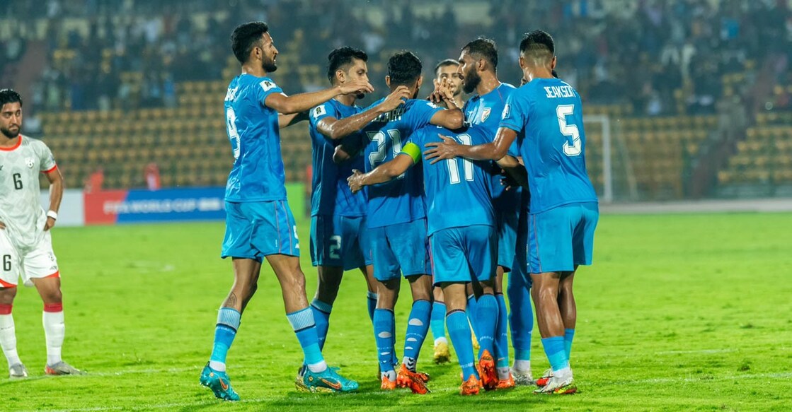 Indian players congratulate Sunil Chhetri on scoring the opening goal. Photo: X@IndianFootball