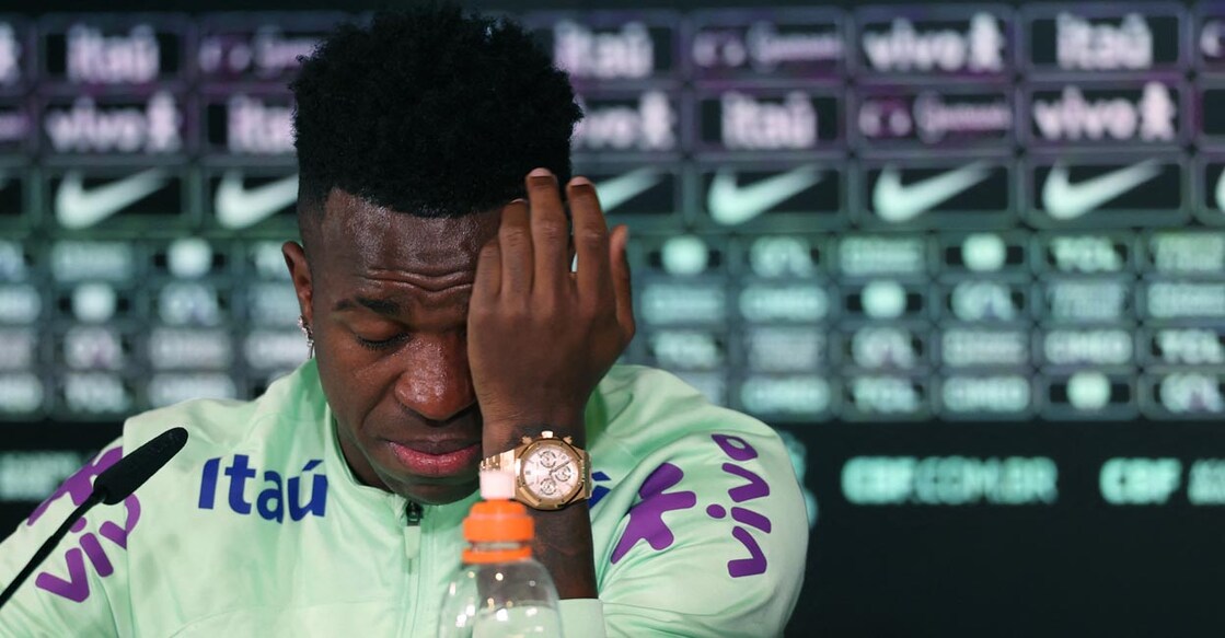 Vinicius Jr cries during a press conference. Photo: AFP/Pierre-Philippe Marcou