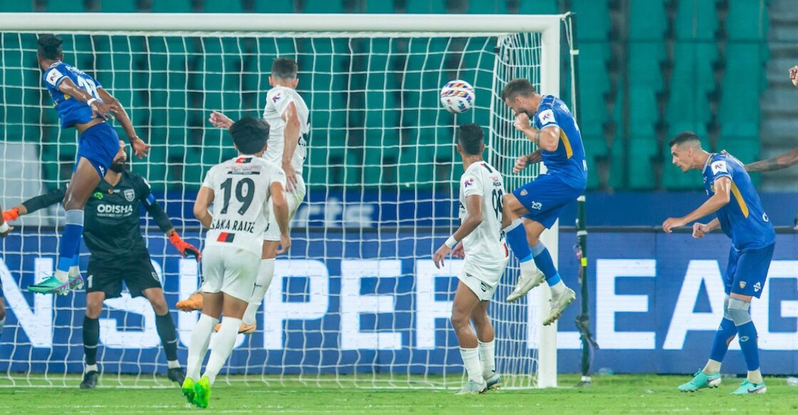 CFC's Jordan Murray converts a header against OFC at Jawaharlal Nehru Stadium on Sunday. Photo: Special Arrangement