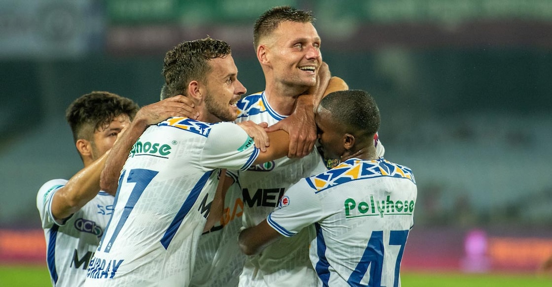 Chennaiyin FC players celebrate their second goal. Photo: FSDL