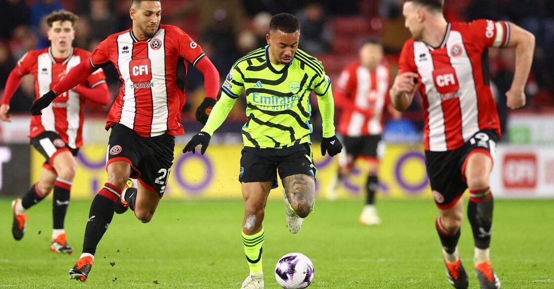 Arsenal's Gabriel Jesus in action with Sheffield United's Vinicius Souza and Jack Robinson. Photo: Reuters