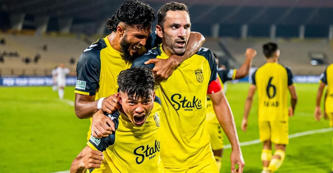 Hyderabad FC players celebrate a goal. Photo: ISL