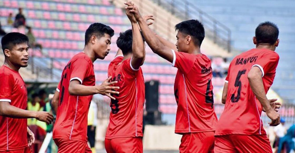 Manipur players celebrate a goal. Photo: X@manipurfootball