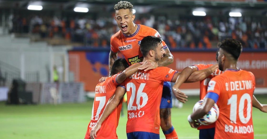 FC Goa players are ecstatic after a strike. Photo: FSDL/ISL