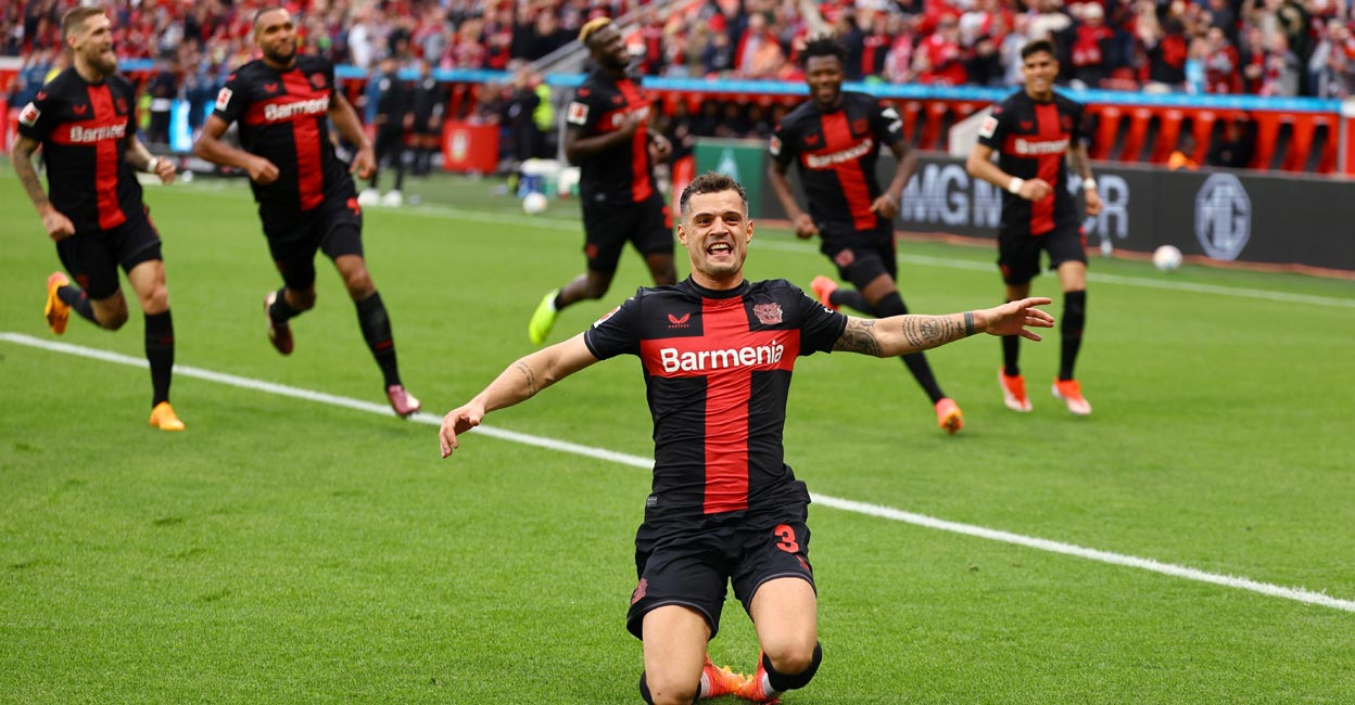 Bayer Leverkusen's Granit Xhaka celebrates scoring their second goal. Photo: Reuters/Kai Pfaffenbach
