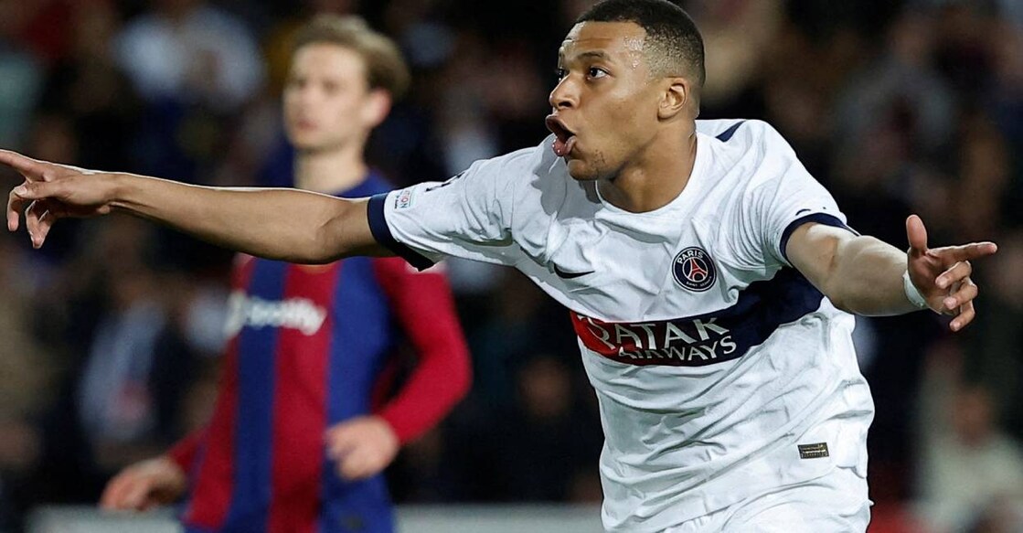 Paris St Germain's Kylian Mbappe celebrates scoring their third goal . Photo: Reuters