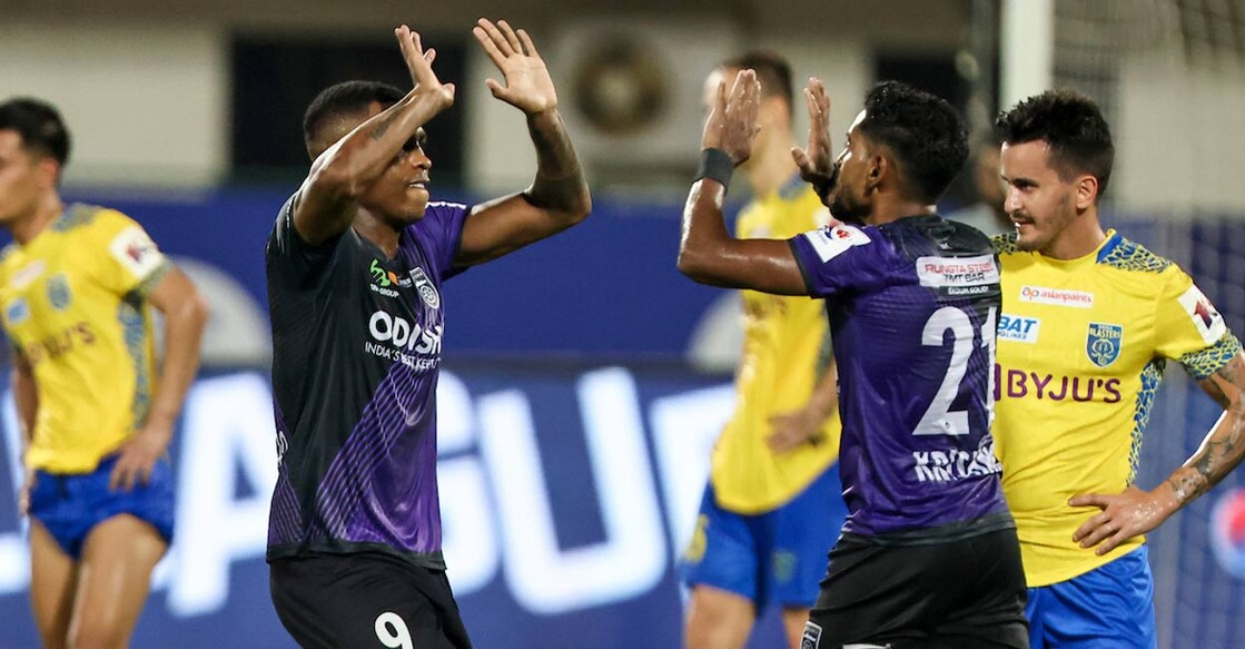 Diego Mauricio and Roy Krishna of Odisha FC celebrate the goal against KBFC at the ISL Knockout game today. Photo: Special arrangement. 