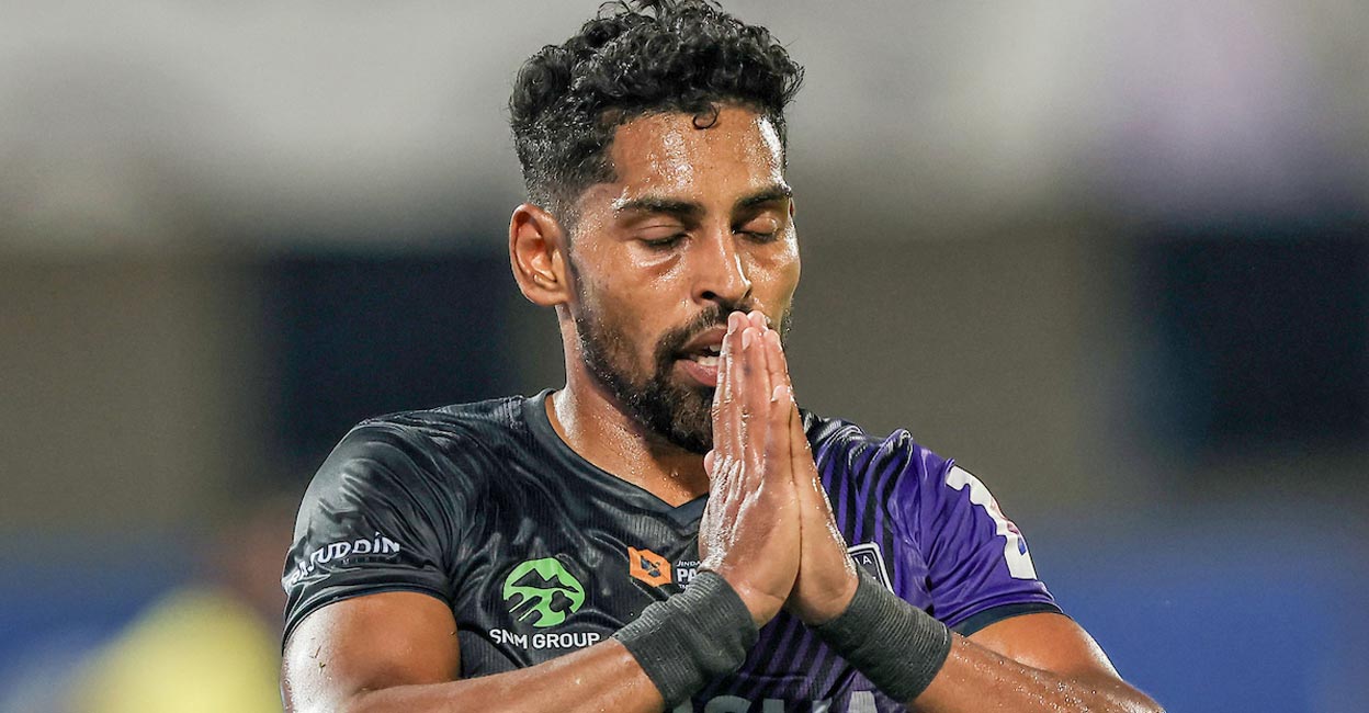 Roy Krishna reacts after netting Odisha FC's winner. Photo: FSDL/ISL