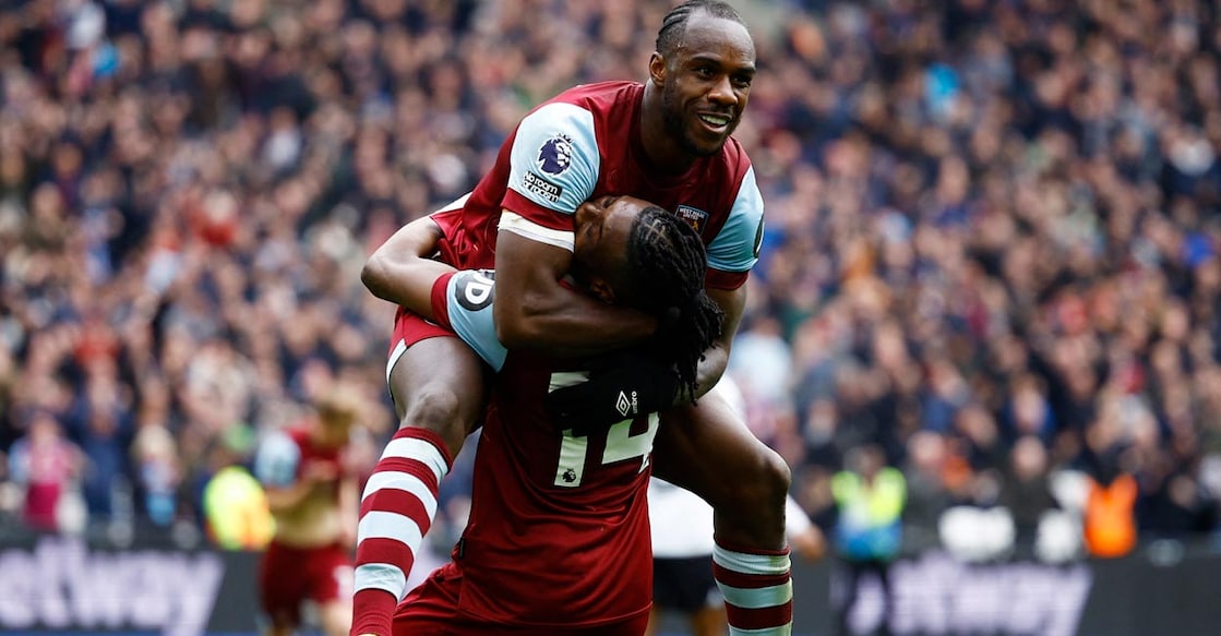 West Ham United's Michail Antonio celebrates with Mohammed Kudus after scoring their second goal. Photo: Action Images via Reuters/John Sibley