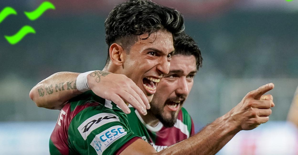 Sahal Abdul Samad and Dimitri Petratos celebrate Mohun Bagan's second goal. Photo: X@mohunbagansg