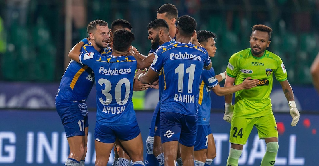 Chennaiyin FC players celebrate their equaliser. Photo: FSDL/SIL
