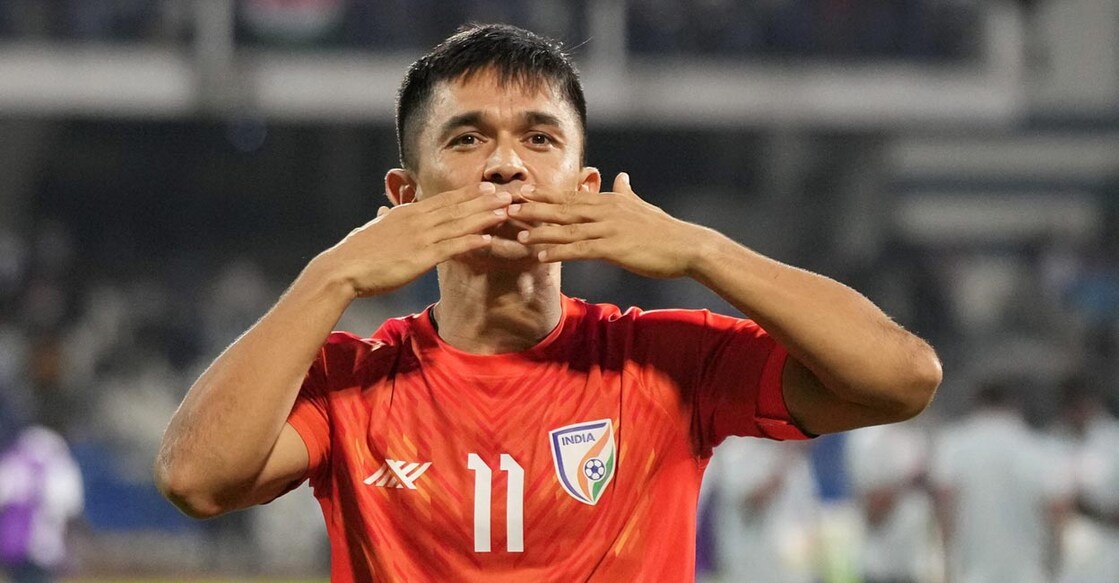 Sunil Chhetri acknowledges the fans after winning the SAFF Championship 2023. File photo: PTI/Shailendra Bhojak