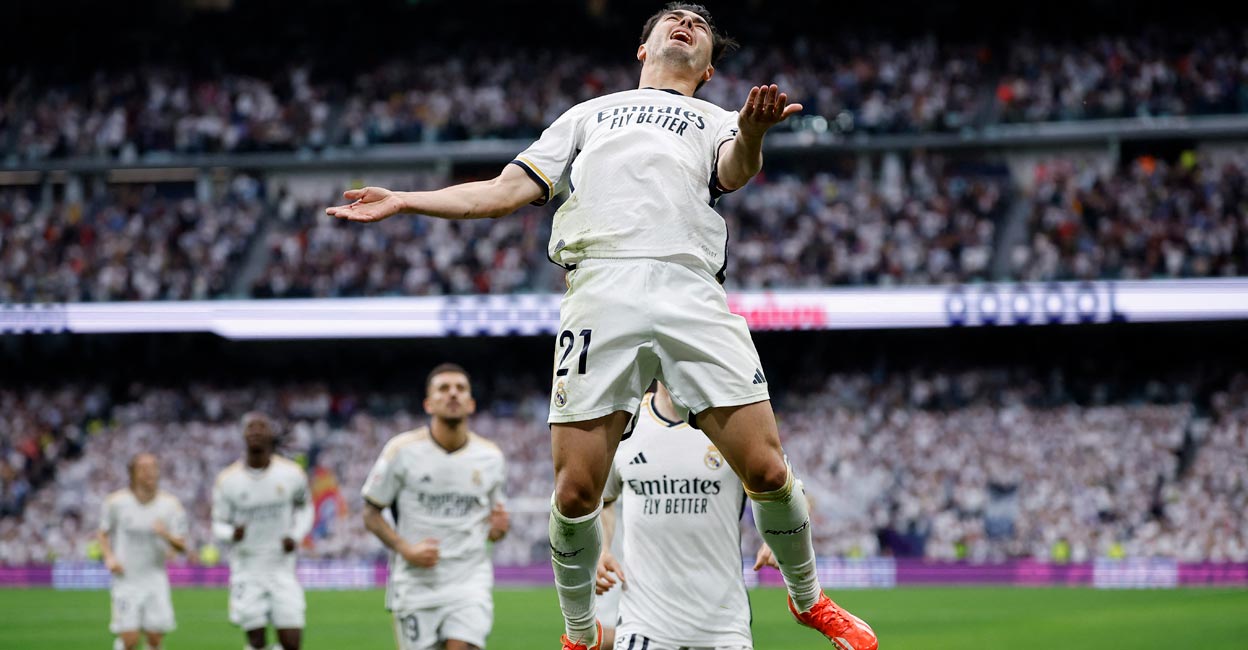 Real Madrid's Brahim Diaz celebrates scoring their first goal. Photo: Reuters/Juan Medina