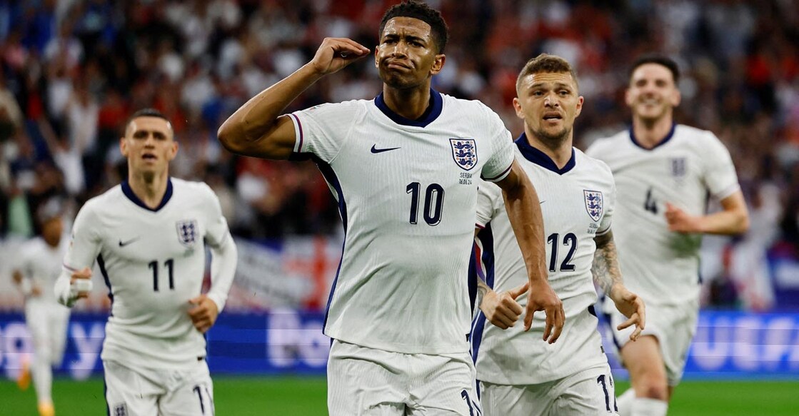 England's Jude Bellingham celebrates after scoring the first goal. Photo: Reuters/Wolfgang Rattay