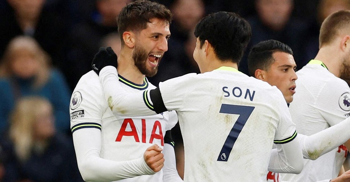 Tottenham Hotspur's Rodrigo Bentancur and Son Heung-min celebrate a goal. File photo: Action Images via Reuters/Jason Cairnduff