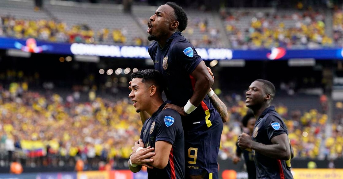 Jun 26, 2024; Las Vegas, NV, USA;  Ecuador midfielder Kendry Paez (10) celebrates with midfielder John Yeboah (9) after scoring a penalty goal against Jamaica during the first half of a Copa America match at Allegiant Stadium. Mandatory Credit: Lucas Peltier-USA TODAY Sports