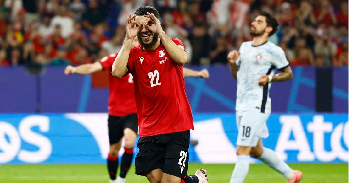 Soccer Football - Euro 2024 - Group F - Georgia v Portugal - Arena AufSchalke, Gelsenkirchen, Germany - June 26, 2024  Georgia's Georges Mikautadze celebrates scoring their second goal REUTERS/Leon Kuegeler