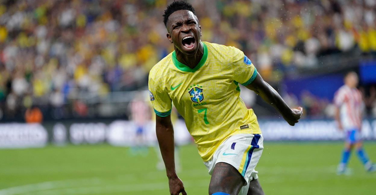Brazil's Vinicius Junior reacts after scoring a goal against Paraguay. Photo: USA TODAY Sports/Lucas Peltier via Reuters