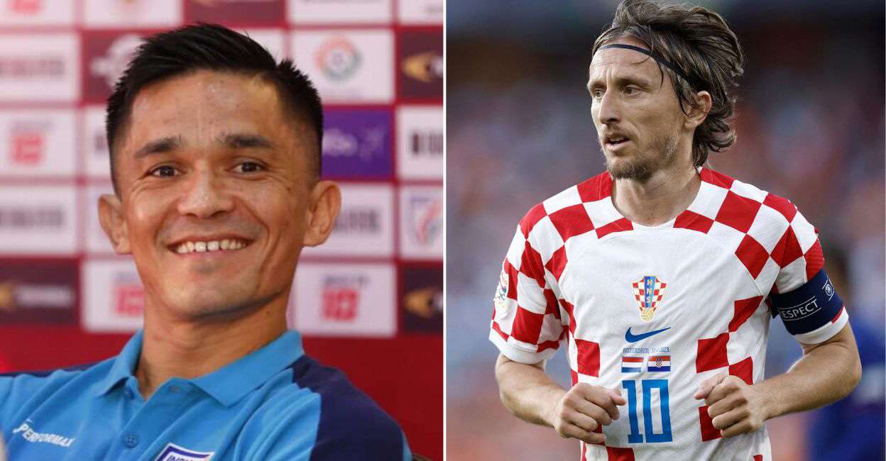 L-R: Sunil Chhetri and Luka Modric. Photos: AIFF/AFP