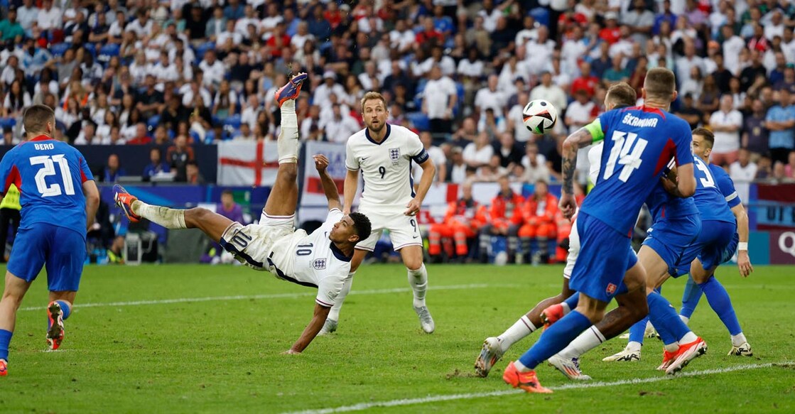 England's Jude Bellingham scores their first goal. Photo: Reuters/John Sibley