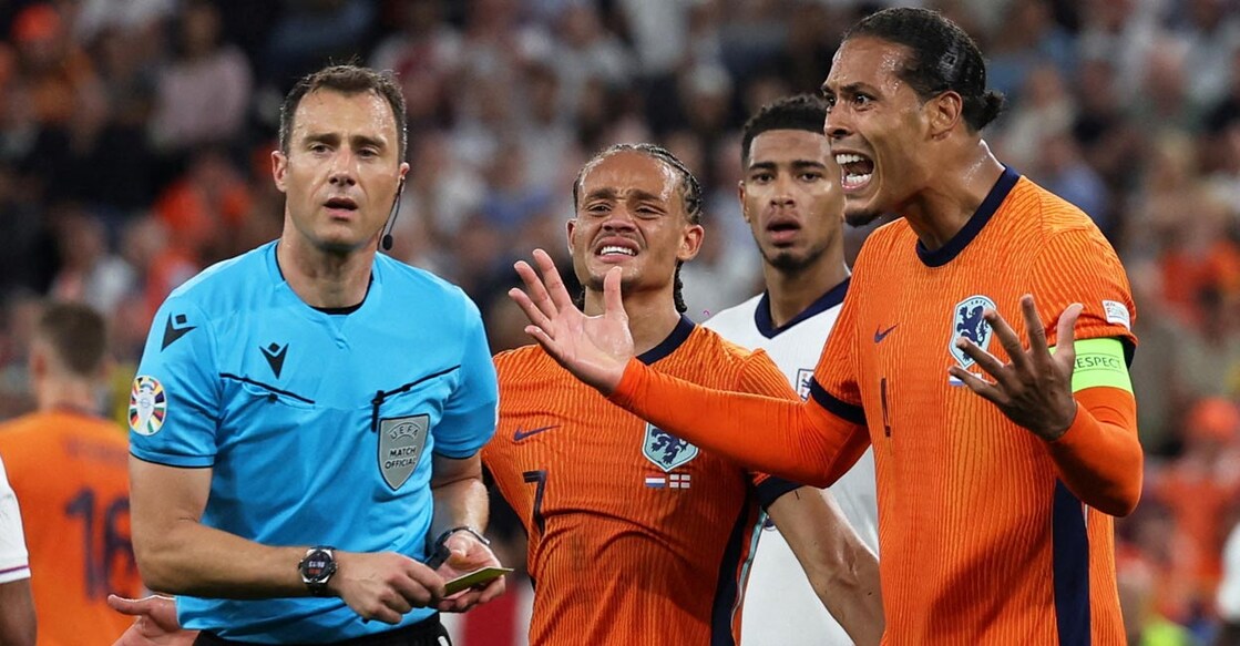 Netherlands' Virgil van Dijk reacts as referee Felix Zwayer looks on during the semifnal against England. Photo: Reuters/Lee Smith 