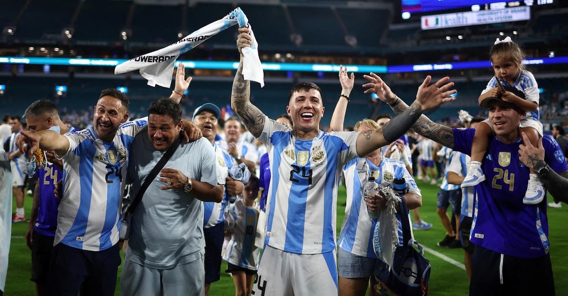 Argentina's Enzo Fernandez celebrates with family after winning the Copa America title. File photo: Reuters/Agustin Marcarian